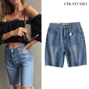 

2020 New Za Women Sexy Jeans with High Waist Pocket Solid Knee Length Shorts Femme Casual Elegant Blue Denim Short Pants