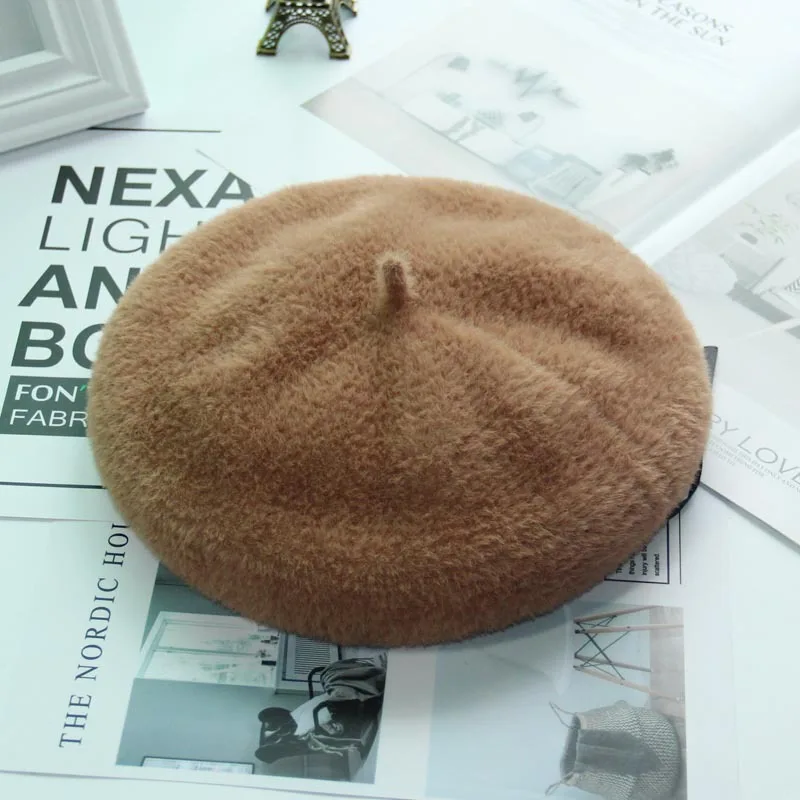 beret ladies autumn winter imitation fur warm hat wild painter cap girl hat fashion - Цвет: xuanzhiqi kaqi