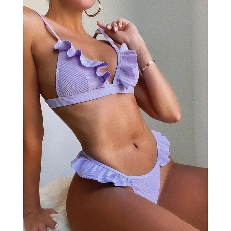 INGAGA Ribbed Bikinis Women's Swimsuits Sexy Ruffle Women's Swimwear 2021 Push Up Bathing Suits Thong High Cut Bikini Set Summer purple bikini set