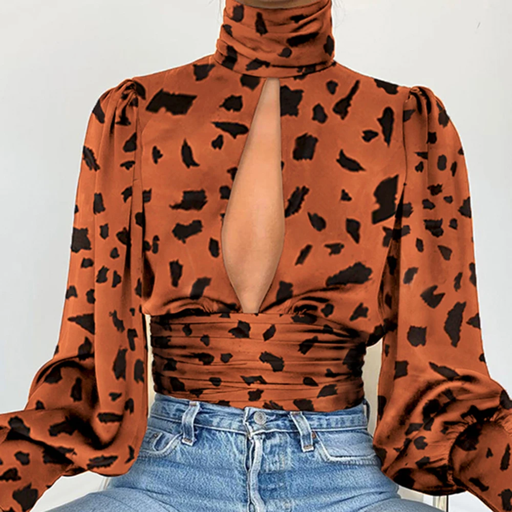 Осенняя блузка с длинным рукавом и воротником-фонариком атласная шелковая