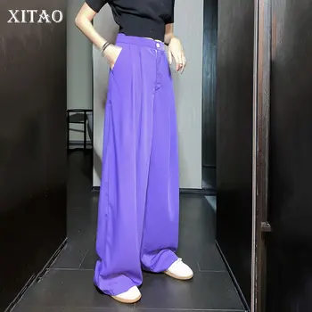 

XITAO Pleated Women Wide Leg Pants Fashion New High Waist Elastic Waist Pocket Small Fresh Casual Style Loose Pants DMY4521