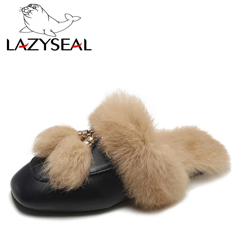LazySeal/женские меховые тапочки с металлическими украшениями, бахромой и аппликацией; Сезон Зима; Коллекция года; женская домашняя обувь из натурального кроличьего меха; большой размер 44