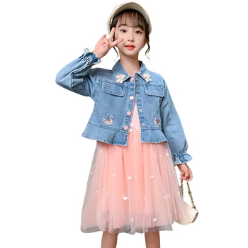 

Children Clothes Denim Jacket + Mesh Dress Girls Clothing Embroidery Tracksuit Girl Autumn Winter Children's Tracksuits