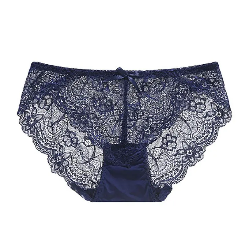 Dark Blue Сексуальные женские кружевные дышащие Бесшовные трусы, однотонные, 8 цветов, с бантом, полые трусики - Цвет: Dark Blue
