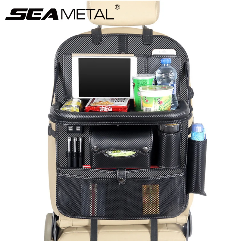4 USB автомобильный органайзер для сидений, сумка на заднюю часть из искусственной кожи, карбоновое волокно, карман для хранения, складной стол для хранения, аксессуары для салона автомобиля