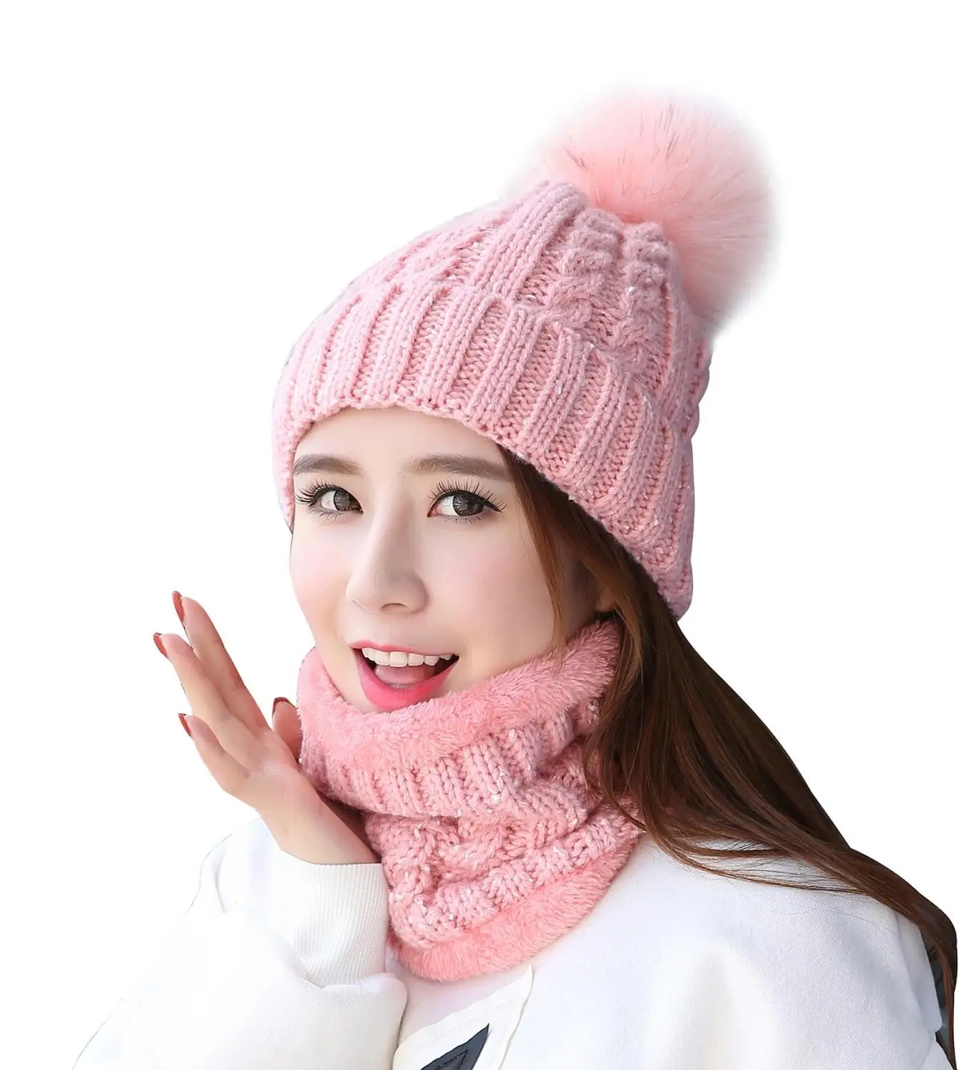 Pink Connectyle женская зимняя шапка бини мягкая флисовая подкладка круглый шарф Набор Толстая теплая пушистая акриловая трикотажная шапка шейный шарф - Цвет: Pink