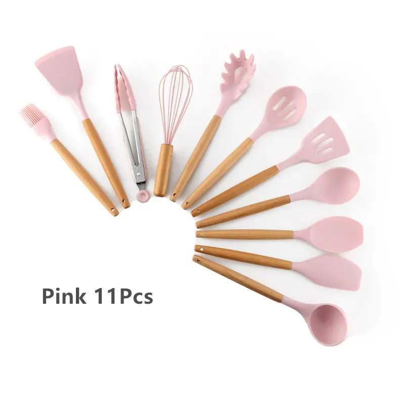 Pink 11Pcs 9/10/12 шт. силиконовых кейсов Пособия по кулинарии набор посуды с антипригарным покрытием шпатель лопата с деревянной ручкой Пособия по кулинарии Набор инструментов с ящиком для хранения Кухня инструменты - Цвет: Pink 11Pcs