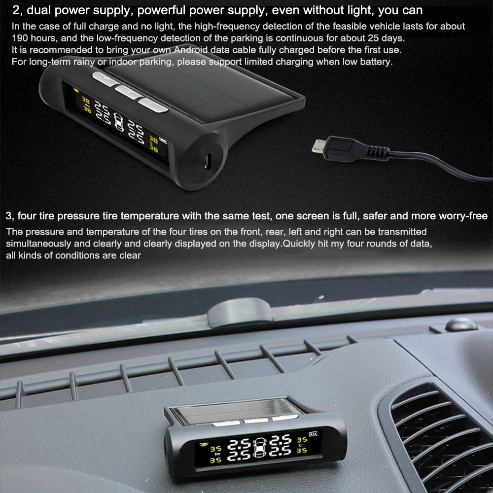 Солнечный автомобильный TPMS датчик давления в шинах с 4 датчиками USB беспроводной монитор давления в шинах Система сигнализации 433,92 МГц ЖК-дисплей цветной дисплей