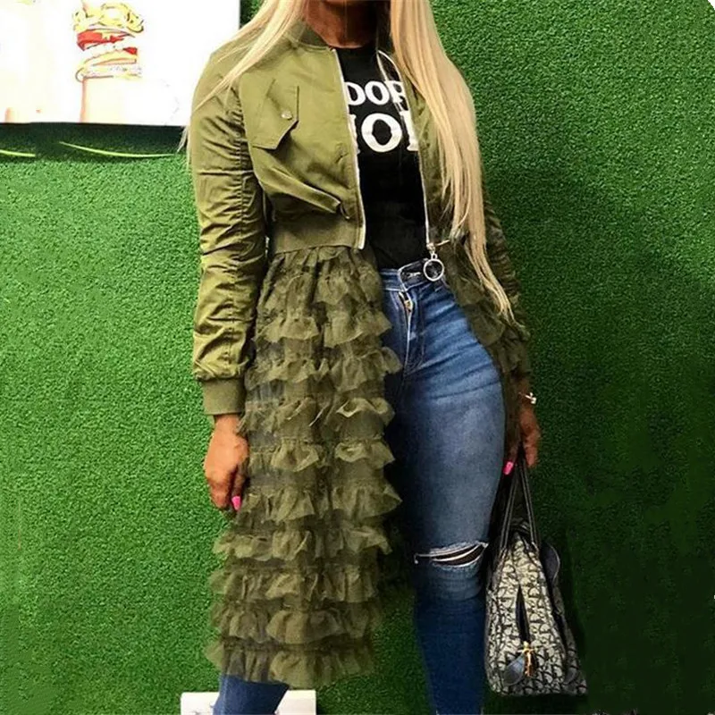 

Women Long Jackets New Fashion Female Lace Patchwork Coats Long Sleeves Solid Color Outwear Female Autumn Spring Zipper Coat Hot