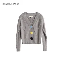 REJINAPYO женский однотонный свободный серый вязаный кардиган однобортный Женский Повседневный короткий тянущийся свитер с v-образным вырезом Новое поступление