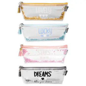 

English Letter Pattern Pencil Case Transparent Star Sequins Pencil Box Bag Pencilcase Students School Supplies Office Stationery