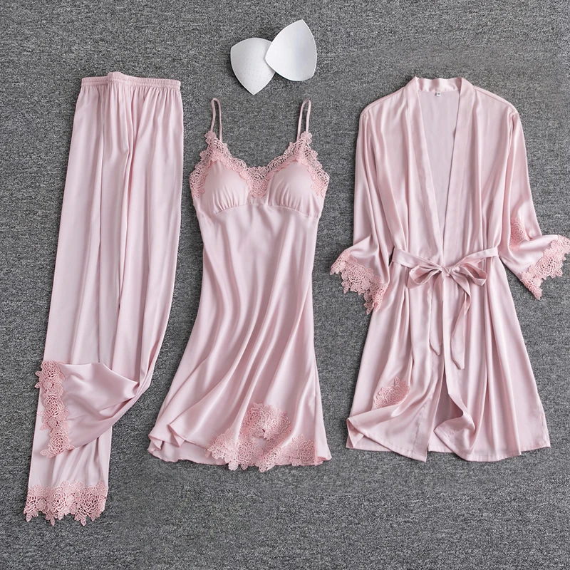 Pink Woman 3PC Strap Top Pants Suit Pajamas Sleepwear Sets Spring Home Wear Nightwear Sexy Kimono Robe Bath Gown Bathrobe