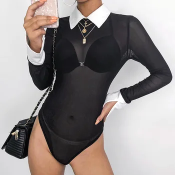 

Women Sexy Perspective Bodysuit Perspective Mesh Turn-down Collar Shirt Long Sleeve Slim Jumpsuit