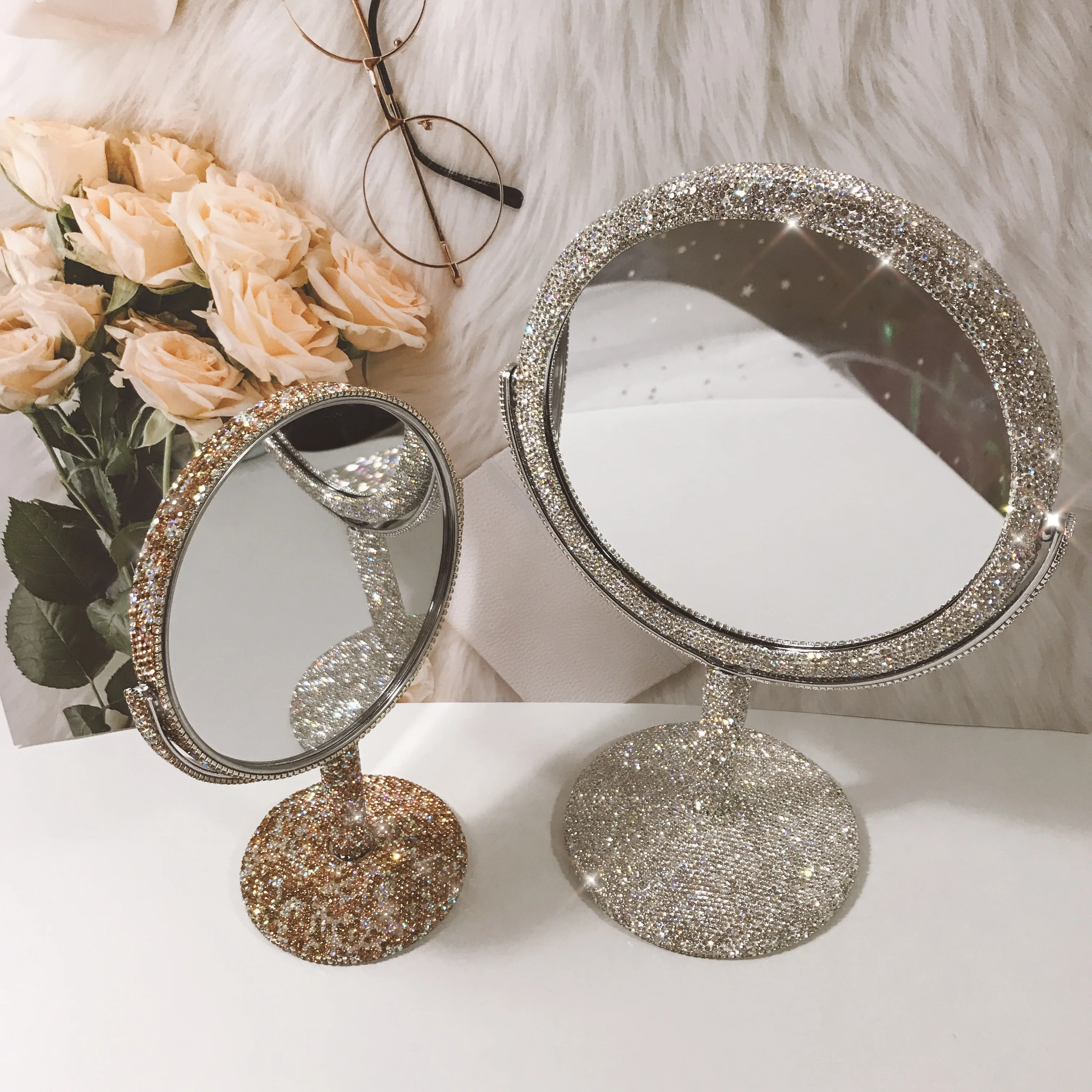Sparkling High-grade Diamond Makeup Mirror Creative Rhinestone Mirrors  Rotatable Girl Bling Room Table Makeup Decor Round Mirror
