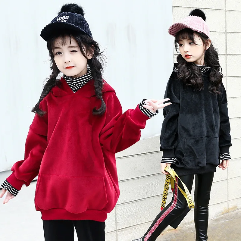 Пуловер для детей-подростков; толстовка с капюшоном из золотого бархата; сезон осень-зима; плотная толстовка с капюшоном; повседневное пальто для девочек; топы для детей 12 лет; детская одежда