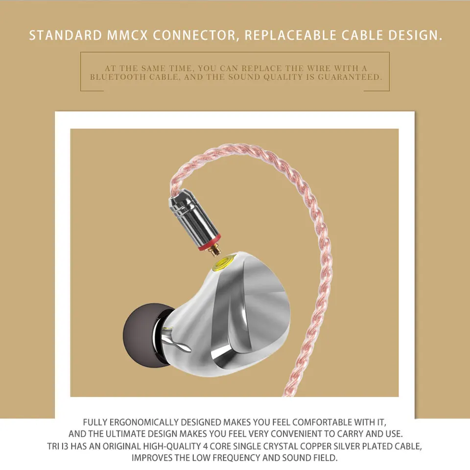 KB EAR TRI I3 In Ear Metal Earphone Dynamic Driver Blanced Armature Driver Unit HIfi Earbuds Music Headset With MMCX Connector