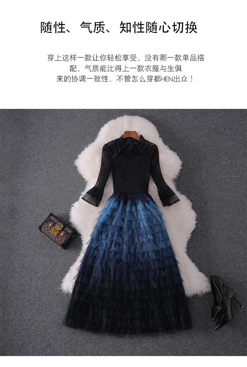 Women fashion autumn winter ruffles dress lace inset falre sleeve fit and flare cute dresses new blue