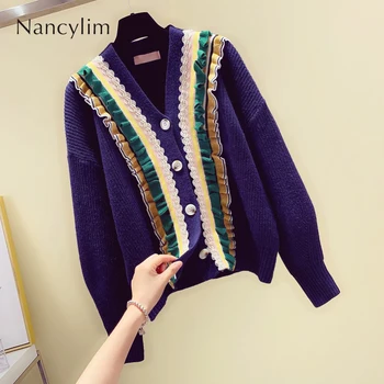 

Fall Winter 2019 New Korean Lantern Sleeve Spliced Ruffles Jacket with V Neck Contrast Cardigan Knitted Sweater Female Coat