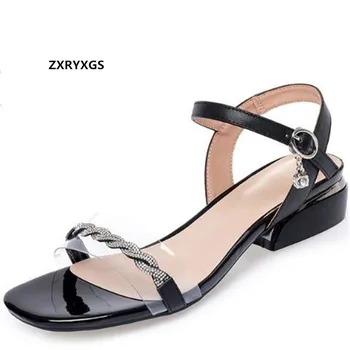 

ZXRYXGS brand sandals open shoes woman genuine leather Rhinestones sandals fashion 2020 new low heel womens sandals large size