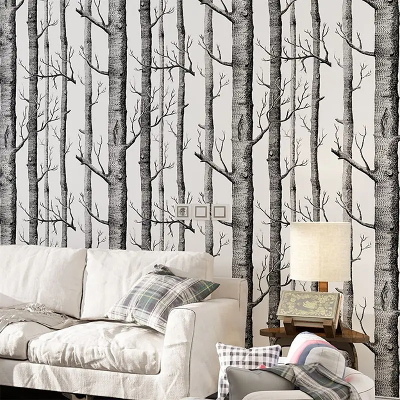 

P82C Black White Birch Tree Wallpaper Modern Design Roll Pearly Rustic Forest Woods Bedroom Living Room Wall Paper Home 10 x