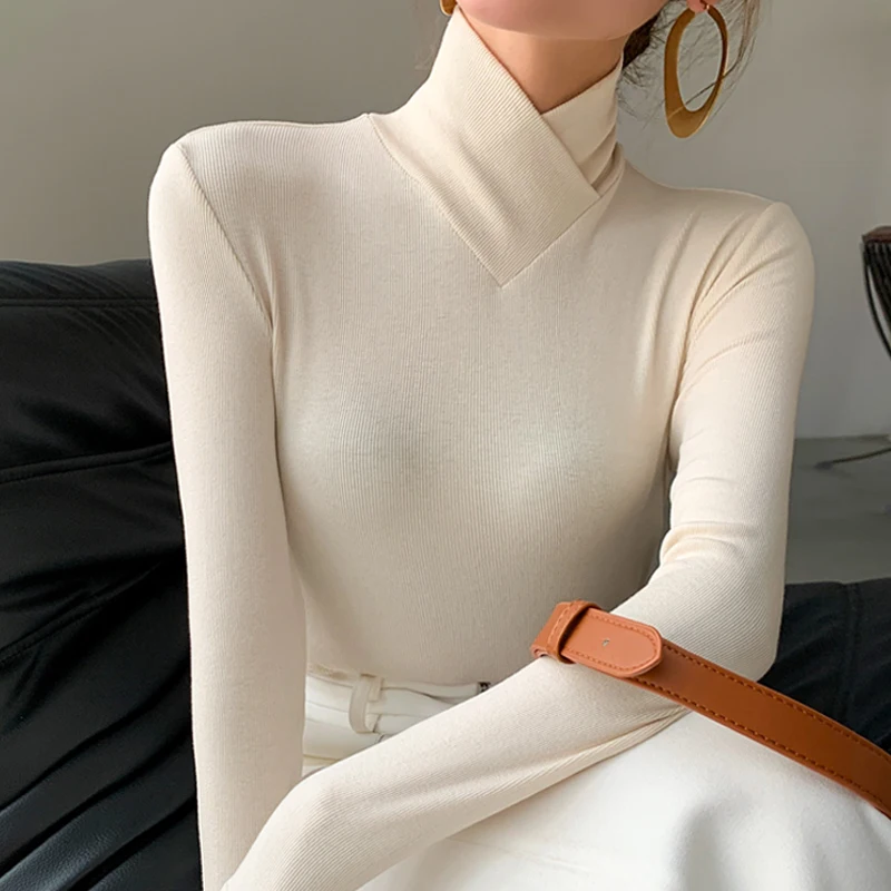 

Women Long Sleeve Threaded Thick T-shirts Tees Girls Solid Slim Undershirts Crossed Turtleneck Ribbed T shirts Tops Black Blue