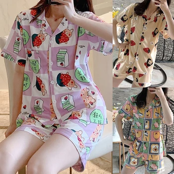 

Cute Printing Women Pajamas Short Sleeved Pyjamas Female Pijamas Summer Ladies Loung Lapel Sleepwear 2 Pieces Set Homewear