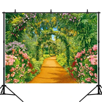 

Natural Backdrops Green Grass Spring Blossom Flower Arch Door Vine Passage Photography Background Photocall Photo Studio