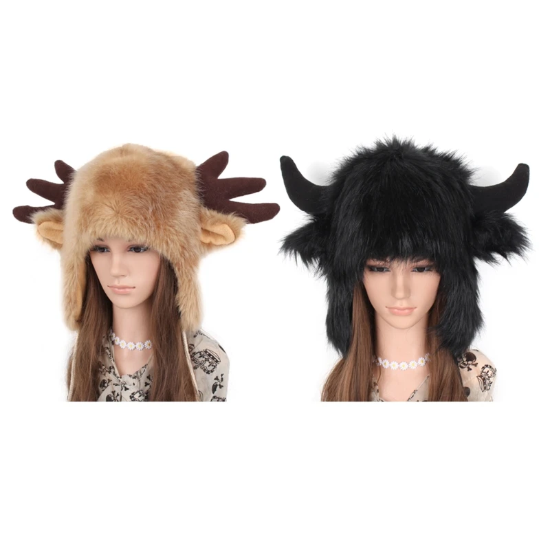Women Men Winter Furry Plush Snow Trapper Hat Cute Ox Horns Deer Antlers Fluffy Animal Cap with Ear Flap Cosplay Earmuff 1