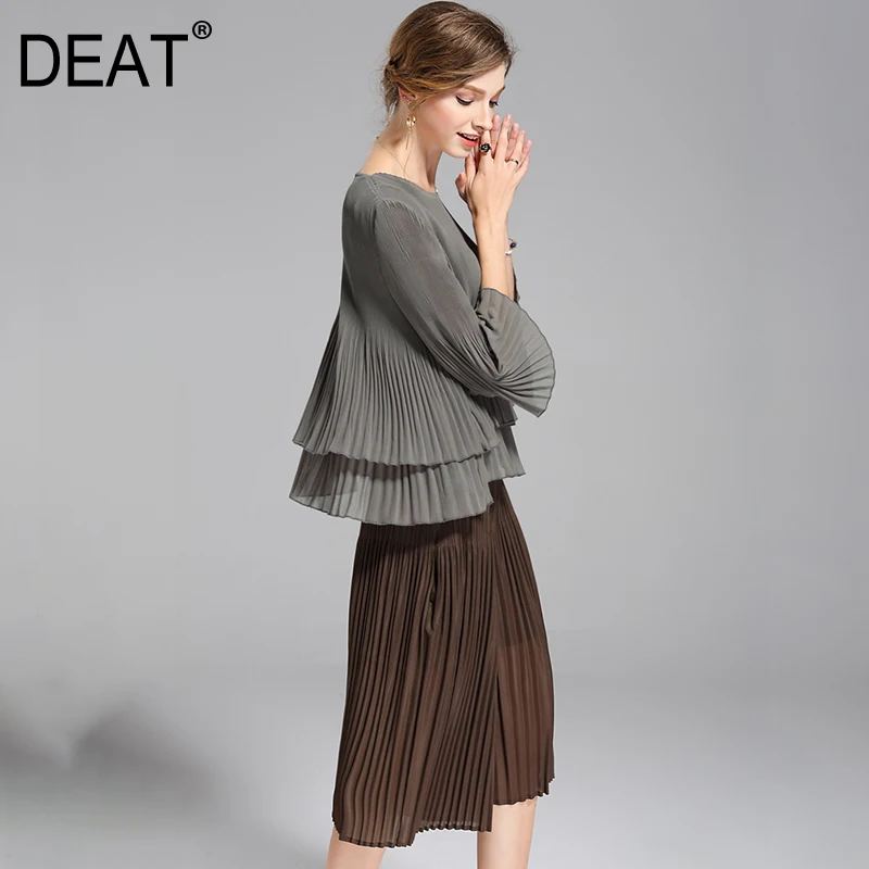 

[DEAT] 2019 Women's Fashion Trend New Pattern Loose Large Size Multi-layer Leaf Pleated O Neck Wild Flare Sleeve blouse AI471