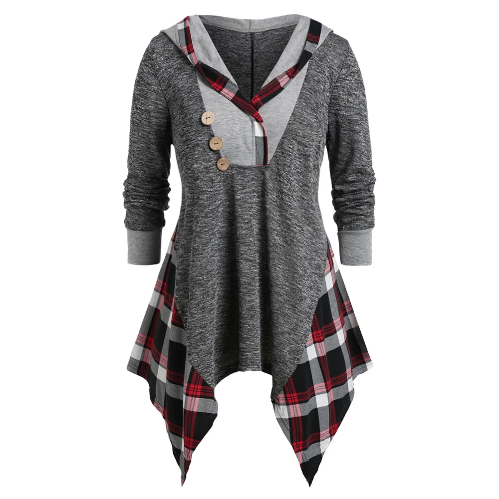 

ROSEGAL Plus Size Plaid Hooded Asymmetric Marled Tee Long Sleeve Shirt Classic Vintage Sweatshirt Women Button Patchwork Hooded