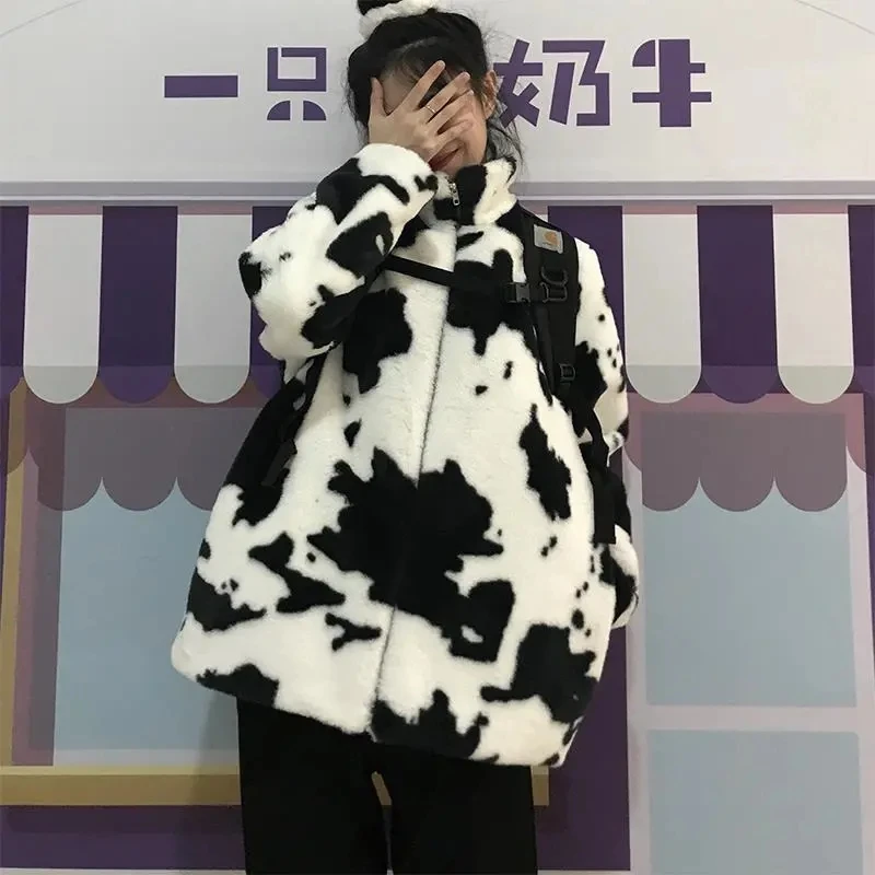 

Korean Winter New Fashion Coat Harajuku Cows Printing Loose Full Sleeve Leather Jacket Vintage Flannel Keep Warm Cotton Clothes