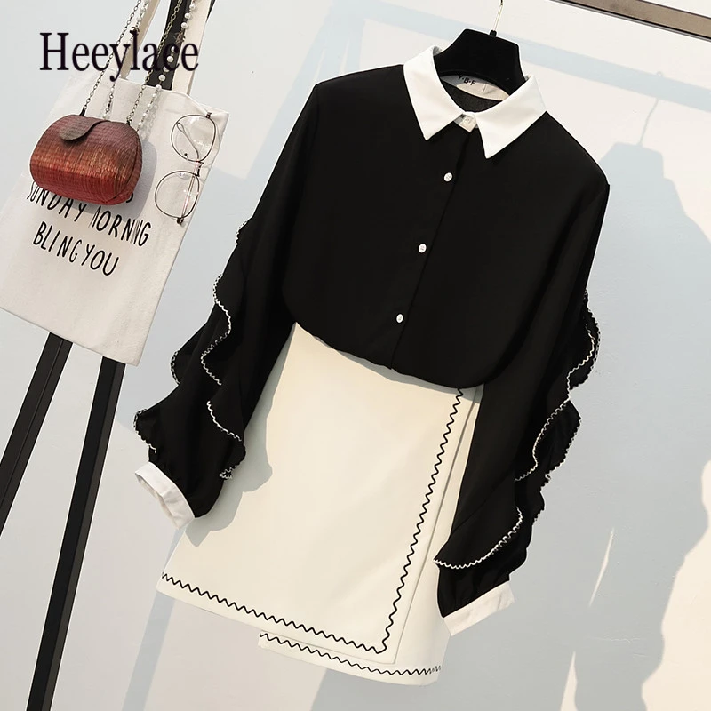 

Plus Size 2019 Autumn Winter Women Casual Two Piece Set Ruffled Puff Sleeve Tops + Skirts Mini Office Lady Suit Set 2 Piece 5XL