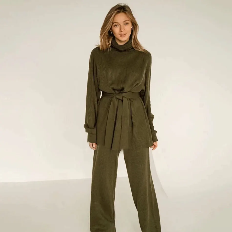 Free Shipping 2021 Fall Turtleneck Loose Knit Suit Women's Casual Long Sleeve Belt Lace Pullover & Straight Pants Two-piece Set free shipping 5pcs lot 616 670 696 752 760 784 810 840 848 900 930 976 mm 3d printer gt2 6mm closed loop rubber timing belt