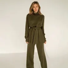

Free Shipping 2021 Fall Turtleneck Loose Knit Suit Women's Casual Long Sleeve Belt Lace Pullover & Straight Pants Two-piece Set