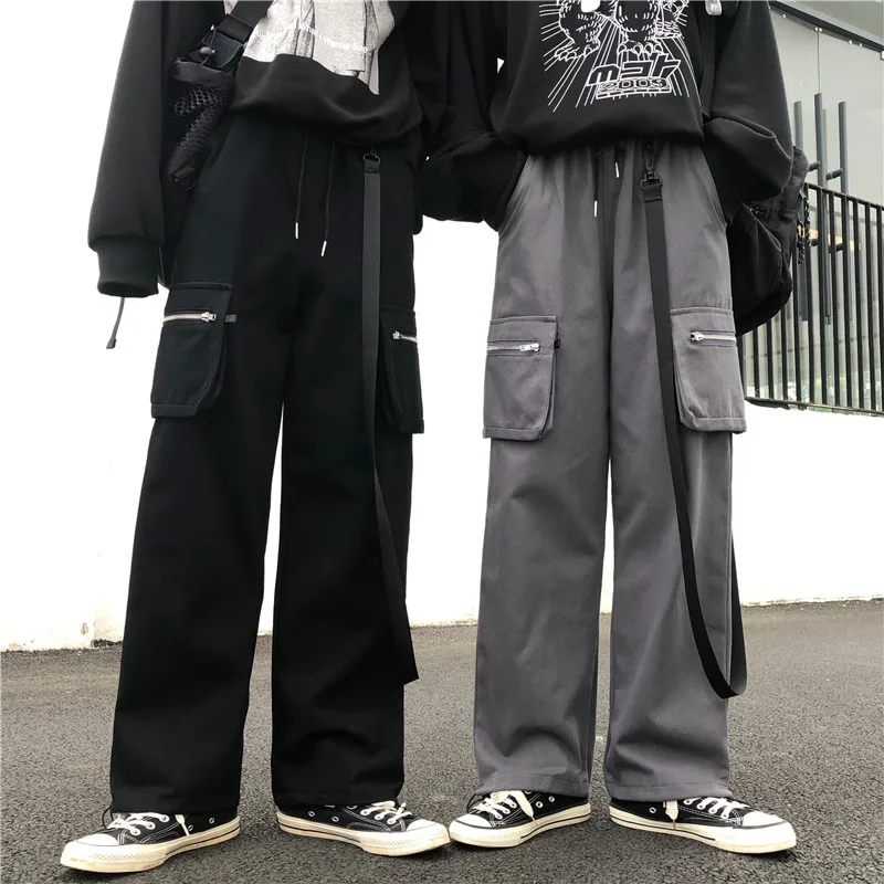 String High Waistband Zip Pocket Ribbon Loose Harem Cargo Jogger Hip Hop Streetwear Punk Track Pant Harajuku Women Man Korean