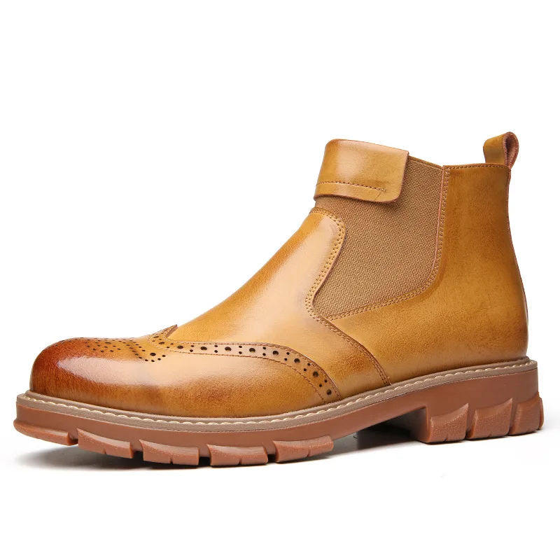 Мужские зимние ботинки из натуральной кожи; сезон осень; ботинки «Челси» в британском стиле; Мужские модельные ботинки «мартинсы»; теплая британская обувь - Цвет: Brown