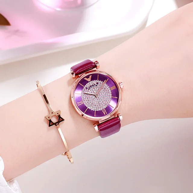 Лидирующий бренд роскошные женские часы модные бриллиантовые звездное небо женские кварцевые кожаные часы магнитная пряжка Геометрическая поверхность женские - Цвет: Lpurple