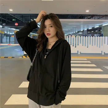 Zip up Women Korean Style hoodies For Girls Top Vintage Solid Long Sleeve Oversized Hooded