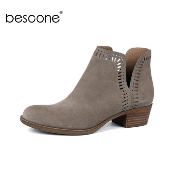 

BESCONE Stylish Women Ankle Boots Basic Handmade Slip-On Solid Square Heel Shoes Comfortable 3.5 cm Med Heel Ladies Boots BY18