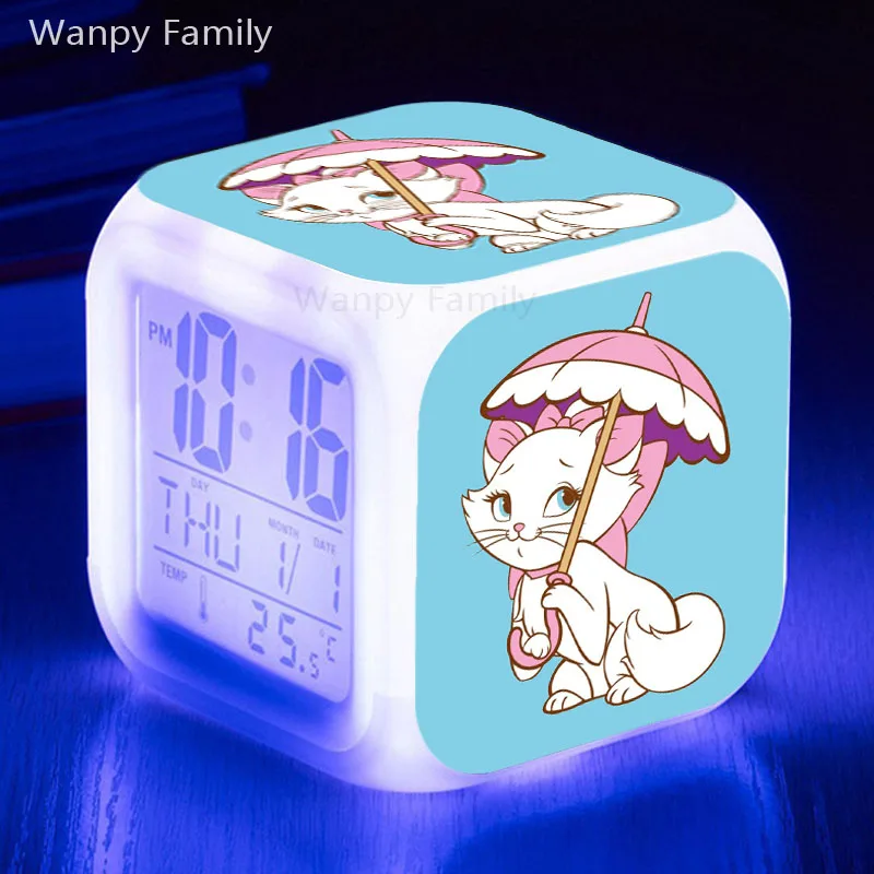 Мультфильм Зонт кошка Мэри будильник часы светящийся светодиодный Изменение цвета Цифровые будильники детские праздничные подарки многофункциональные будильники