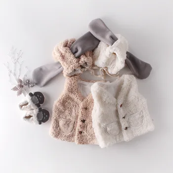 

Winter Baby Girls Lamb Cashmere Fleece Vest Waistcoat Kids Infant Outerwear Coat Newborn Cardigans casaco + Hat