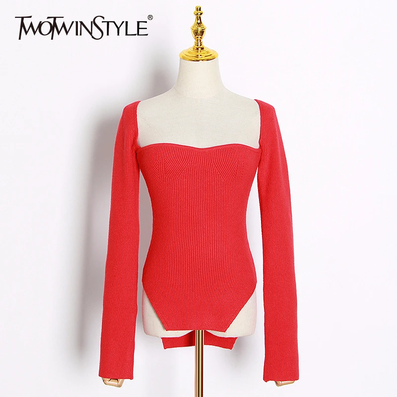 TWOTWINSTYLE Asymmetrical Sweater Knitted Tops Female Square Collar Long Sleeve Sexy Sweaters Women Fashion New 2022 Clothing | Женская