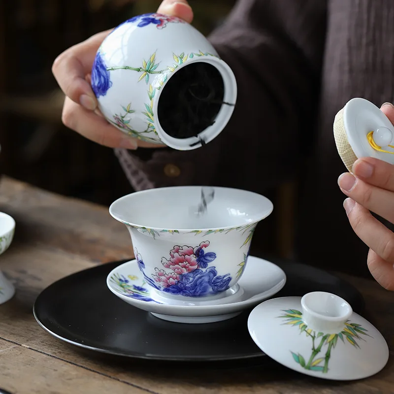 Gongfu Tea Set Ceramic San Cai Gai Wan China Handmade Tea Cups Gaiwan Tureen Hand-painted Bowls