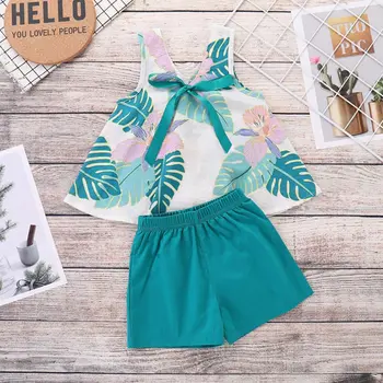 

Summer Baby Girls Clothes Vest Leaves Pattern Vest T-shirt Sleeveless Tops+Shorts Suits Casual Outfits Sets