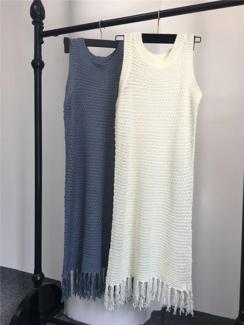 Sexy Knitted Dress Beach Bikini Cover Up Bodycon Bandage Dress Summer Sleeveless Tassel Crochet Dresses Swimsuit Vestidos