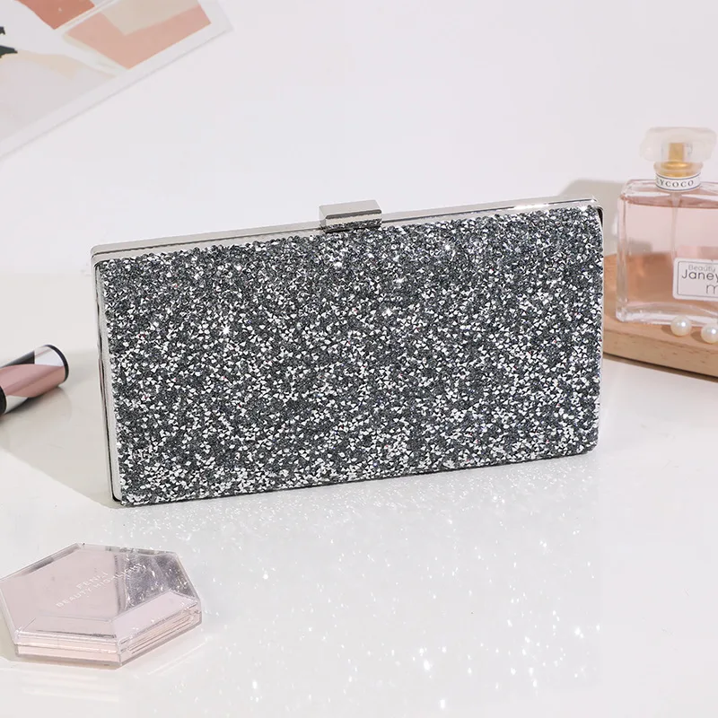 Women's Sequin Evening Clutches Handbag Purse Designer Shiny Clip Shoulder Bags Silver Chain Crossbody Ladies Small Party Bags