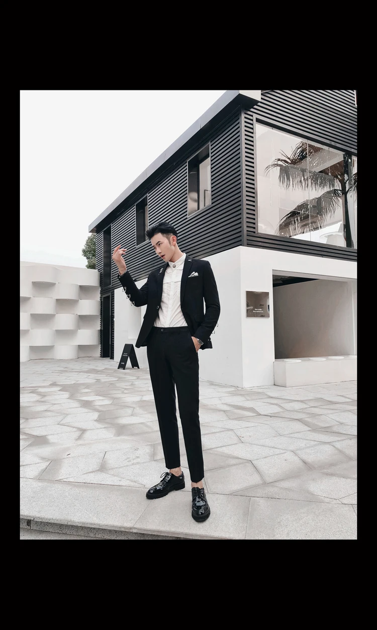 Роскошный мужской костюм, классический черный комплект из 2 предметов, стильный свадебный костюм для жениха, приталенный смокинг, костюм для выпускного(пиджак+ брюки
