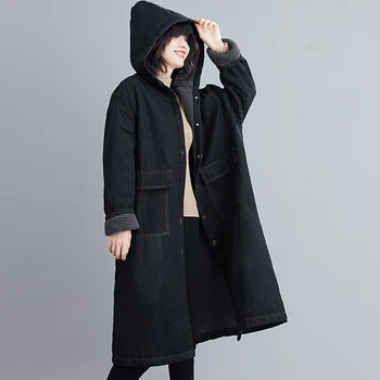 

[EWQ] 2020 Winter Ladies Oversize Velvet Thick Cotton Coat Mid-length Loose Hooded Lamb Wool Denim Overcoat Trend 3AE147