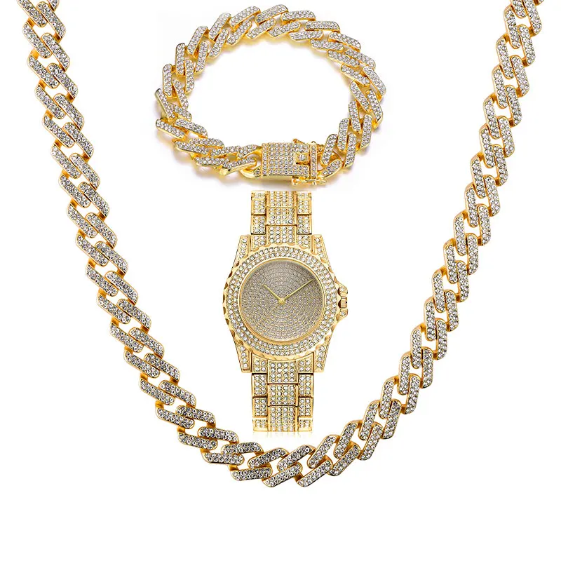 Хип-хоп ожерелье+ часы+ Браслет Bling Iced Out, циркониевые кубинские полностью проложенные стразы, мужской Браслет, Ожерелье для мужчин, ювелирные изделия