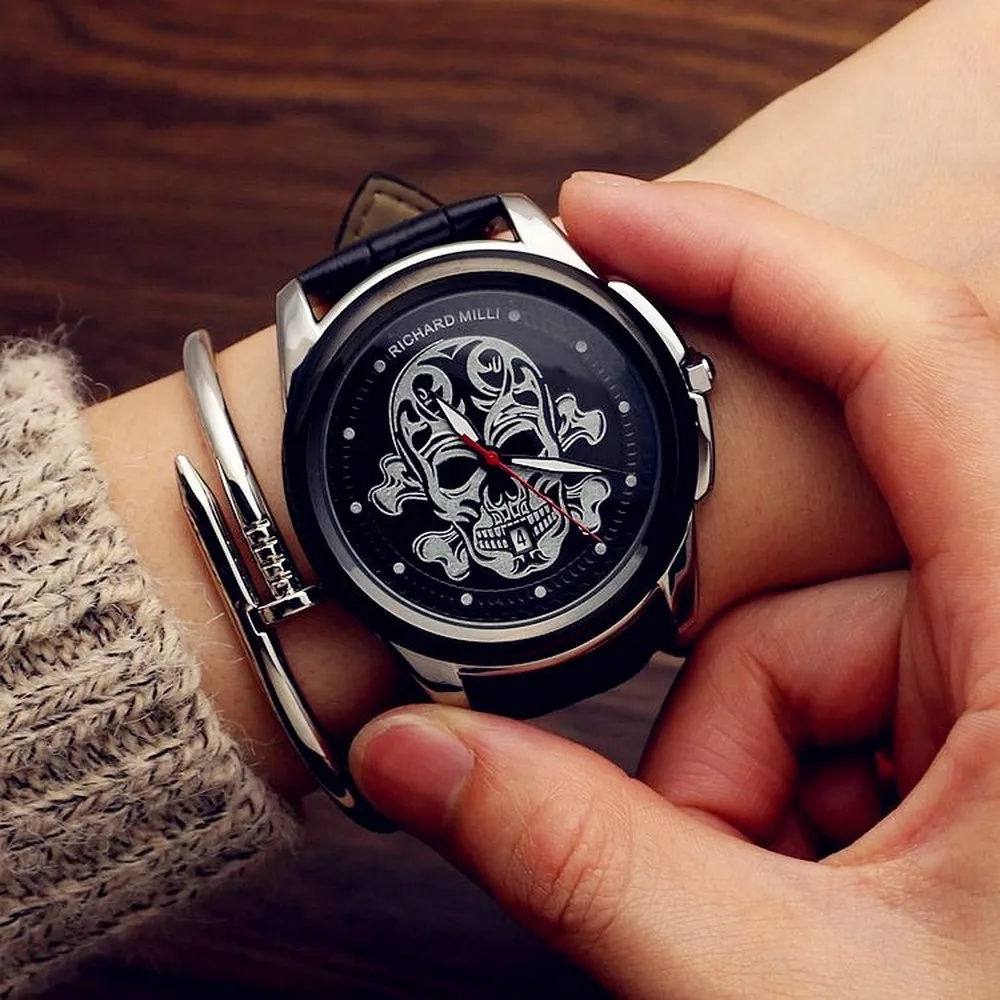 Luminous Big Men Quartz Watch Cool Sport Skeleton Men Personality Wristwatch 30M Waterproof Christmas Gift High Quality Watch - Цвет: Черный